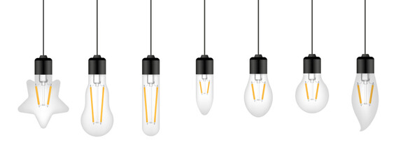 Big set of led light bulbs. Vector realistic illustration. Set of light bulbs isolated on white background. - obrazy, fototapety, plakaty