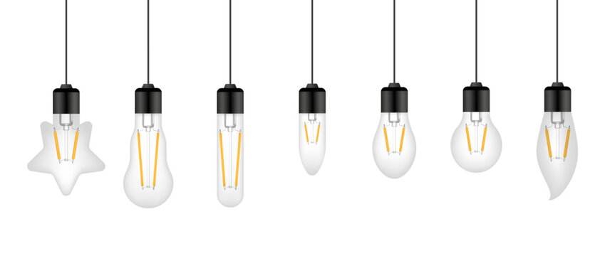 Big set of led light bulbs. Vector realistic illustration. Set of light bulbs isolated on white background.
