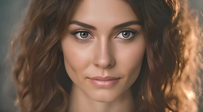 AI generated video. Portrait of dark haired model woman with perfect skin looking at camera, Confident and confident woman. Happy Young female person enjoys her outlook. Front head shot. HD