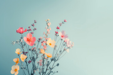 Minimal composition with fresh Spring flowers on pastel blue background.