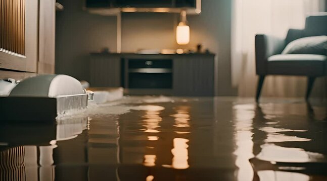 Flooding in apartment living room damaged. hard pipe damage. Natural Disaster, tropical rainfall and climate change with heavy rain consequences. AI generated video. House flooded. HD