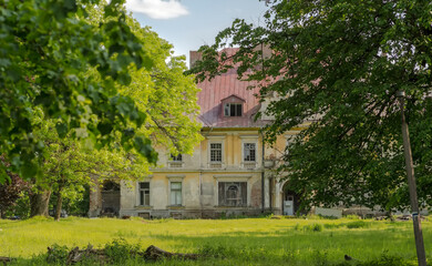 Stary i nieco zniszczony pałac Druckich-Lubeckich w starym parku pałacowym wśród drzew...