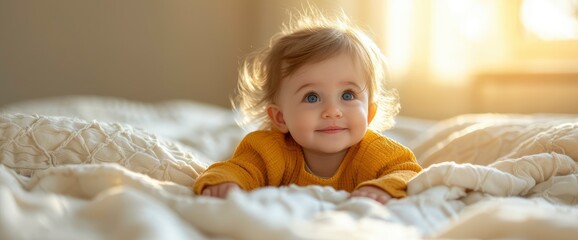 Fototapeta premium Portrait Baby Boy Lying On Bed, Background HD For Designer