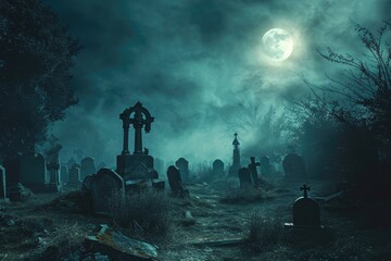 A spooky graveyard at night with tombstones, fog, and ominous moonlight Graveyard At Night Spooky Cemetery