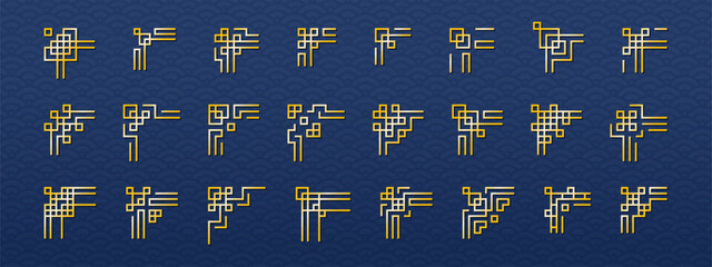 Big Set of Chinese frame corners. Traditional Asian pattern. Gold vector illustration isolated on blue background. Japanese, Korean and Chinese