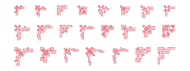 Big Set of Chinese frame corners. Traditional Asian pattern. Red vector illustration isolated on white background. Japanese, Korean and Chinese