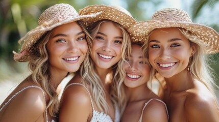 portrait of four girl friends in straw hats at beach in summer
