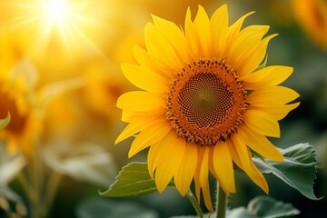 Closeup of yellow sunflower flower under sunlight with copy space using as background natural plants landscape, ecology wallpaper in dark tone cover page concept.