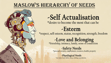 Humanoid robot concept maslow's hierarchy of needs such as physiological, safety, love, belonging, self, actualisim, breathing, food, water, sex, sleep, homeostasis, excretion, employment, resources