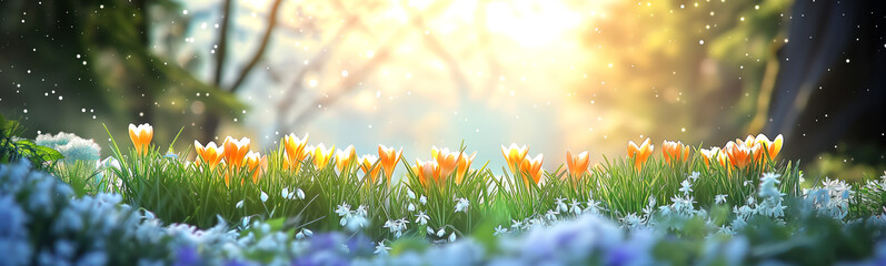 Panoramic view of the lawn in forest with blooming snowdrops and crocuses in spring. Wallpaper,...