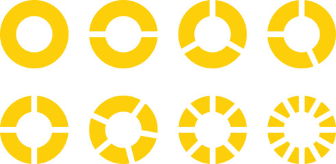 Sliced circle. Fractions pie divided for math. Yellow circle pie with pieces. Segment slice set. Vector illustration