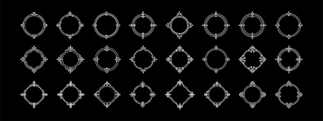 Big Set of round Chinese frame corners. Traditional Asian pattern. White vector illustration isolated on black background. Japanese, Korean and Chinese circle