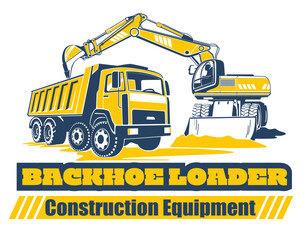 Obraz na płótnie Canvas Excavator loader loads to dump truck. Vector illustration isolated on white and transparent background. Logo design, brochure and flyer design.