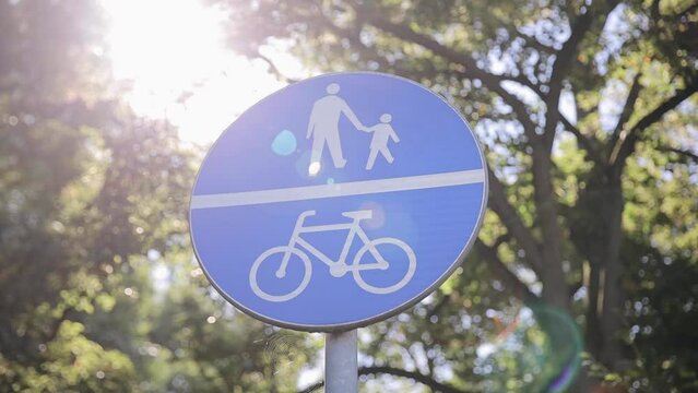 Road sign means bike path and pedastrian walk priority. Traffic sign white bicycle on blue circle against the backdrop of trees and sky. Concept of infrastructure development for ecological transport