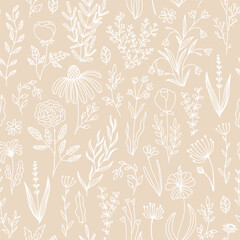 Floral doodle seamless pattern. Vector hand-drawn illustration of flowers and herbs. Thin line sketch.