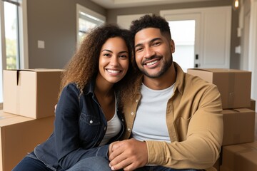 Witness the pure happiness and love of a multiracial couple as they sit on a cozy sofa in the living room of their new home