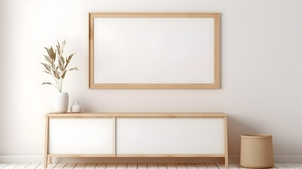 White cabinet with a wooden frame and a plant on the top,,
The living room is decorated with a storage table, picture frames and small plant pots. Free Photo
