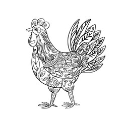 Fototapeta na wymiar Art illustration of colorful mandala of rooster, hen isolated on white background. Farm bird for coloring, zentangle illustration or tattoo in high detail. Vector drawing of a rooster.