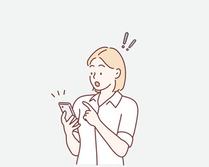 The woman looks at her phone and is surprised. Hand drawn style vector design illustrations.