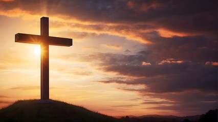Crucifixion Of Jesus Christ - Cross At Sunset and sky background - obrazy, fototapety, plakaty