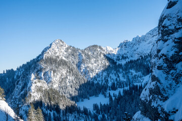 Snow covered mountain range in winter season. Bavaria, Alps, Germany