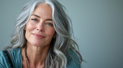 Fototapeta premium Beautiful woman with grey hair smiling posing on grey background.