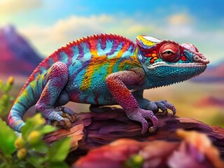 A colorful chameleon on a branch - obrazy, fototapety, plakaty