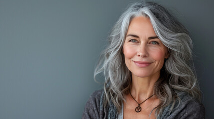 Beautiful woman with grey hair smiling posing on grey background.