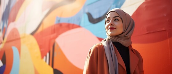 Portrait of beautiful young muslim woman with hijab in urban background smiling at camera. Islam....