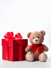 Teddy bear toy and red gift box on white background.