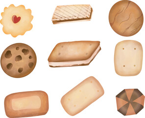 Vector hand drawn watercolor style illustration set of cookies clipart collection. Cookies set.