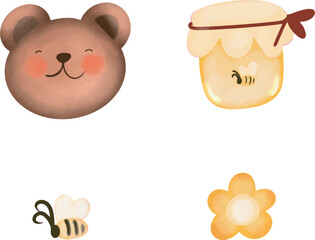 Vector hand drawn watercolor style illustration set of bear, a jar of honey, a bee, and flower clipart collection