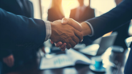 A close up photo capturing two individuals engaged in a handshake.