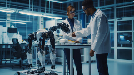 A man and a woman standing together, facing a robot in front of them.