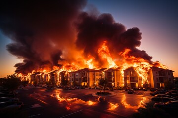 A number of houses are on fire. A tall column of black smoke rises into the sky