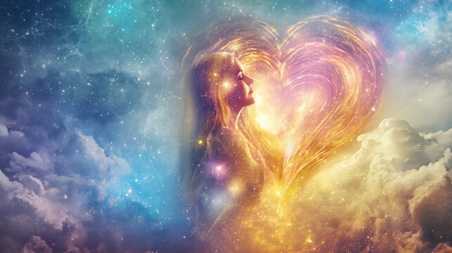 Woman face, in pastel colored cosmos, sky. Heart in blue, pink and gold connecting her to universe, higher self, meditation, self love, esoteric. Spirituality awareness. Concept. Magic of perception.