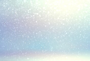 Soft snow falling into empty room light blue color with pearlescent effect. 3d background winter decor.