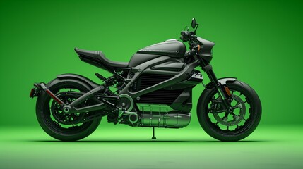 Fototapeta na wymiar Electric cruiser motorcycle with black design on green backdrop.