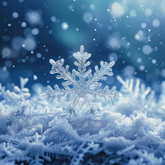 Fototapeta na wymiar Macro shot of a single snowflake, showcasing intricate details against a wintry blue backdrop with bokeh.