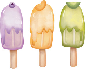 Vector hand drawn watercolor style illustration set of fruit popsicle clipart collection
