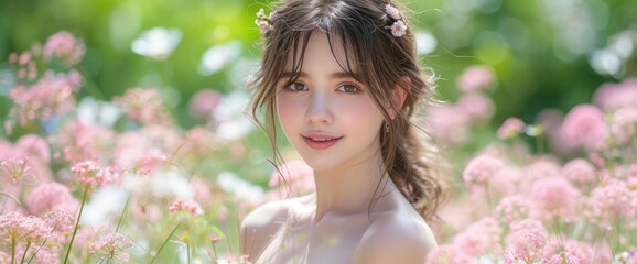 Fototapeta premium Young Pretty Woman Smiling Happily Hand, Background HD For Designer