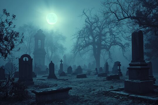 A spooky graveyard at night with tombstones, fog, and ominous moonlight Graveyard At Night Spooky Cemetery