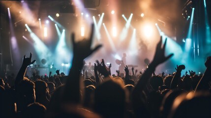A crowd of music enthusiasts joyfully raise their hands in the air during a lively concert.