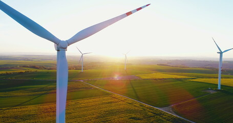 Aerial wiev of windmills farm. Power Energy Production