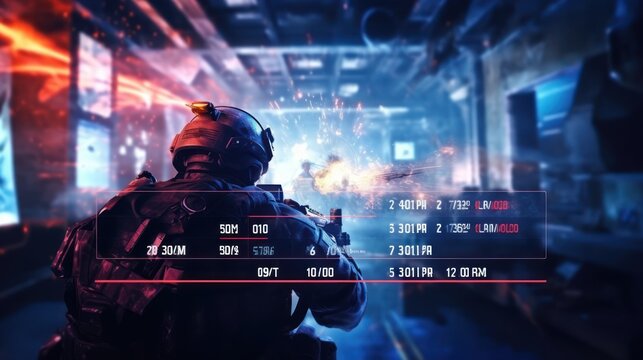 action shooter AAA videogame First person view photo of a shooter battlefield war game with soldiers