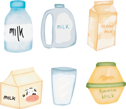 Vector hand drawn watercolor illustration set of milk drinks clipart collection