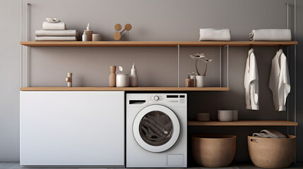 Laundry room design ideas in minimalist style for small apartments, washing machines, clothes, laundry, furniture, home, apartment, design, shelves, plants, sink, towels, AI-generated.