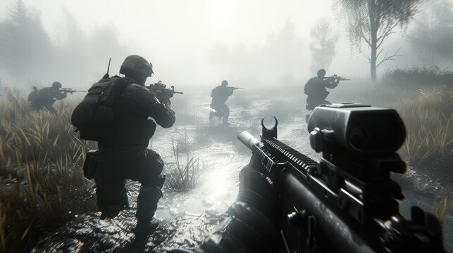 action shooter AAA videogame First person view photo of a shooter battlefield war game with soldiers