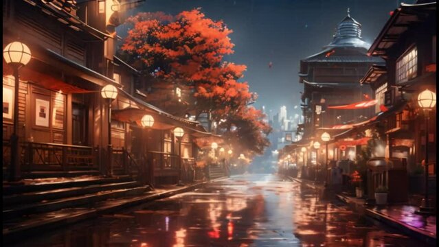 animated landscape footage, Japanese city streets at night when it rains