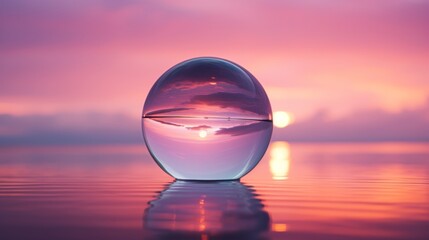 Glass sphere in the water at sunset, calm, meditative, relaxing, mental health, emotional balance,  wellness